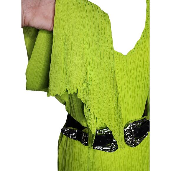 Vtg 90s Y2k Dress U Asymmetric Bright Neon Green Crinkly Bell Sleeve Long Top XL - Picture 6 of 8